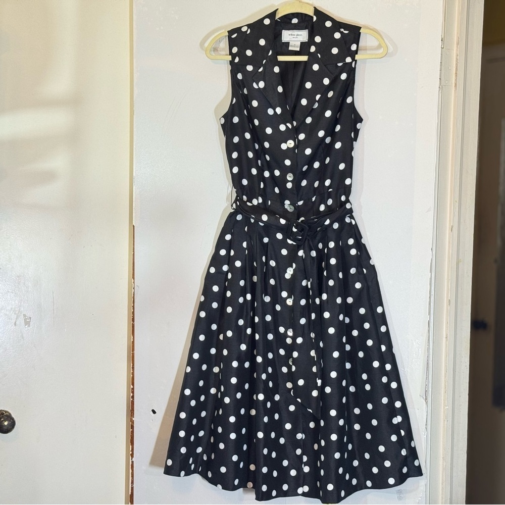 Willow Glenn New York Black White Sleeveless Polka Dot Belted Flared Dress
